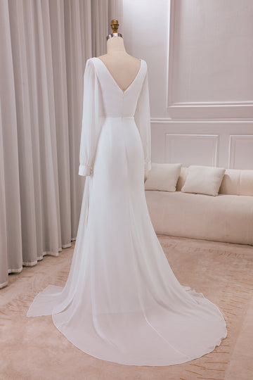 Elfenben V-hals lange ermer A-line Chiffon brudekjole